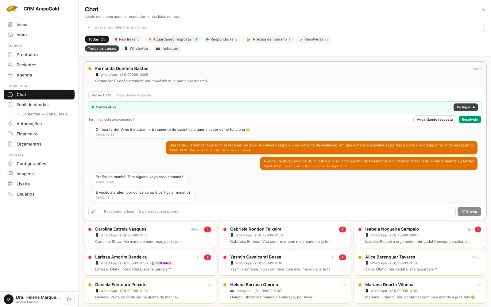 Tela do chat do CRM AngioGold, com a fila de conversas de WhatsApp e uma conversa aberta em formato de mensagens.